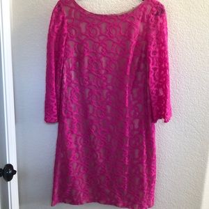 Pink lace dress with nude underlying.